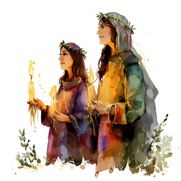 Watercolor of Two Women with Candles
