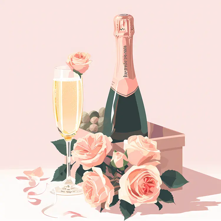 Champagne Bottle and Roses with Glass