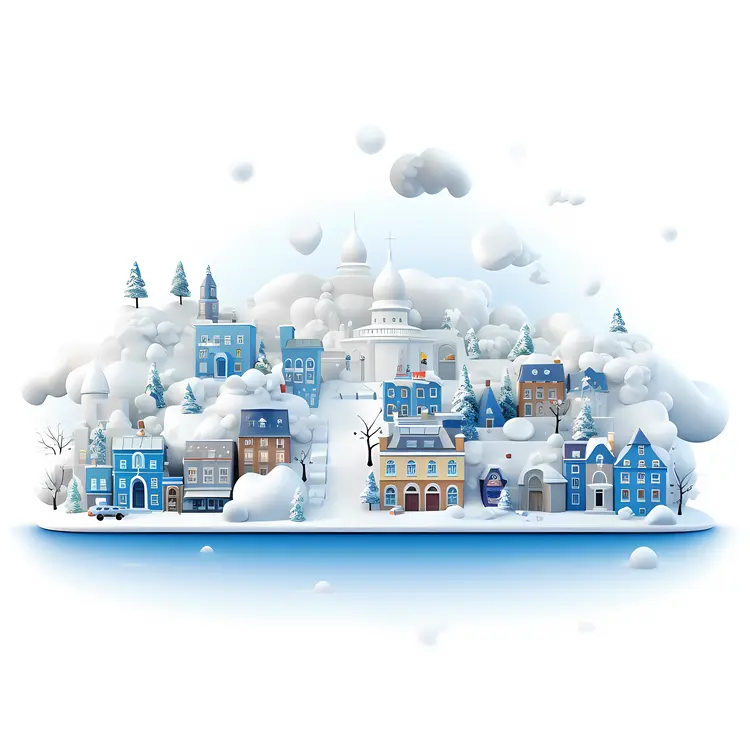 Snowy Town with Blue Buildings