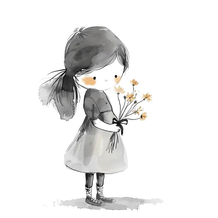 Black and White Girl with Flowers