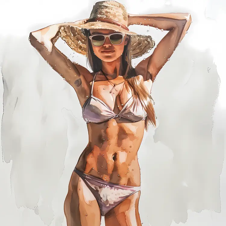 Watercolor Woman in Bikini and Hat