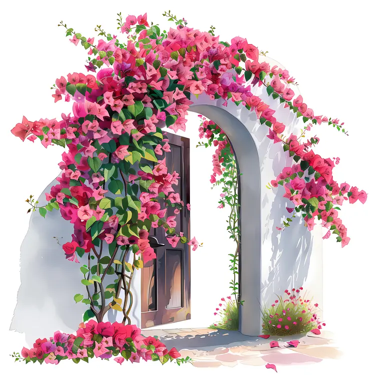 Charming Doorway with Pink Bougainvillea Arch