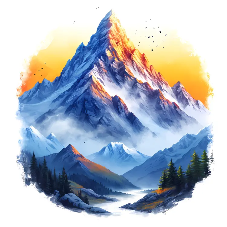 Sunset Over Snowy Mountain Landscape