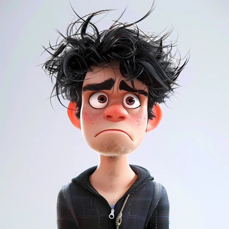 Sad Boy with Messy Hair in Black Hoodie