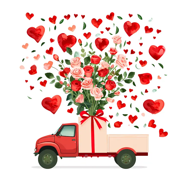 Red Truck with Flowers and Hearts