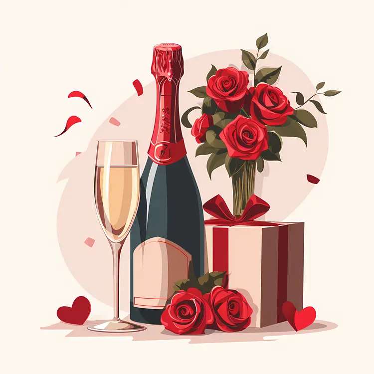 Romantic Champagne Bottle with Roses and Hearts