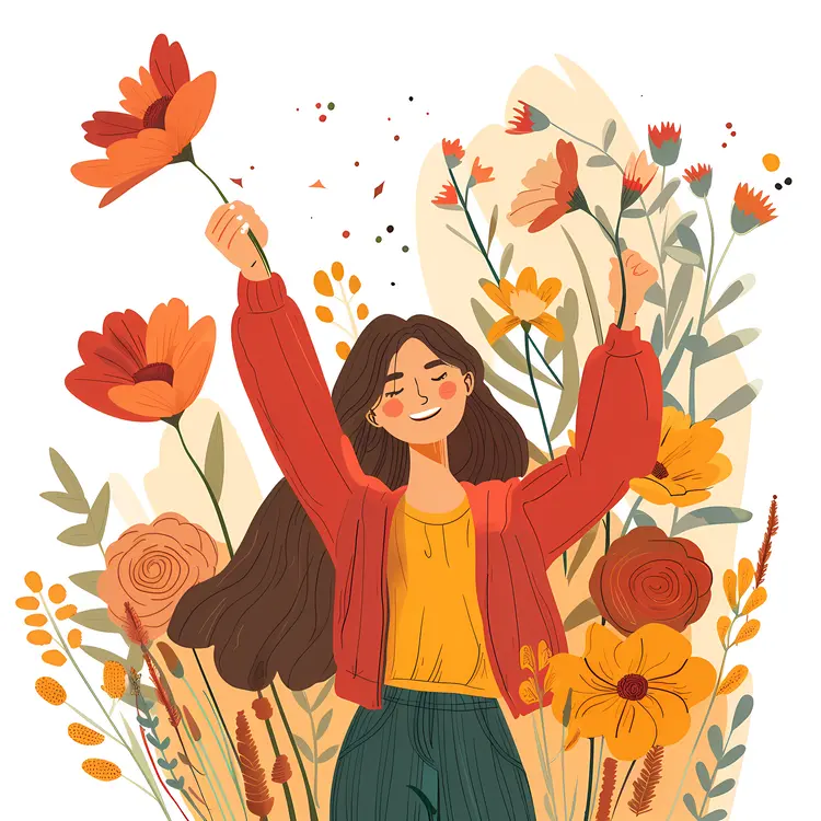 Joyful Girl Surrounded by Flowers