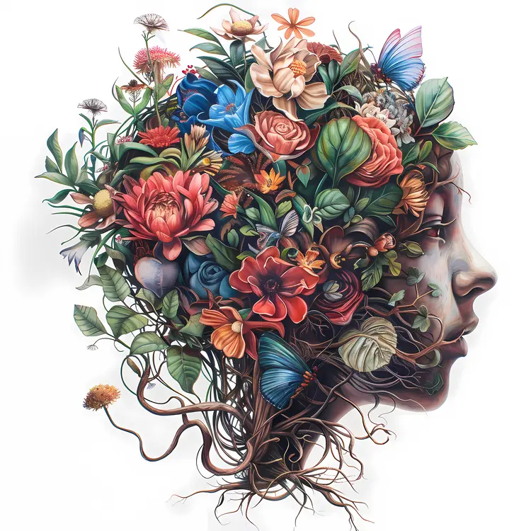 Floral Head Illustration with Nature Elements