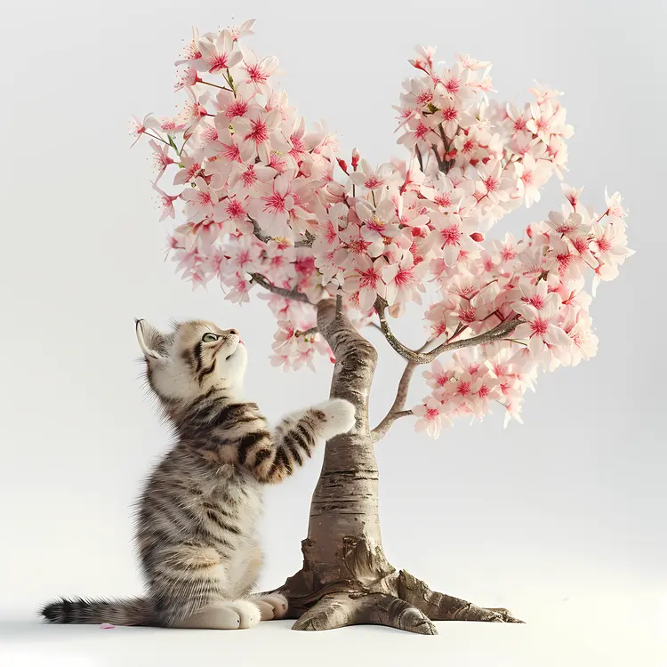 Cute Kitten with Cherry Blossom Tree