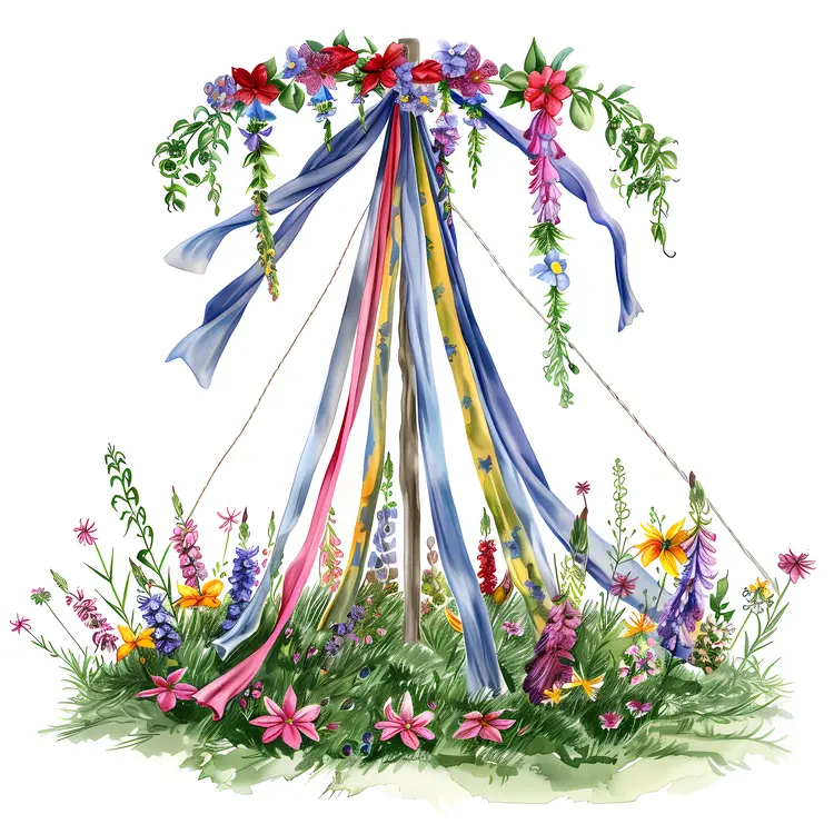 Maypole Decorated with Flowers and Ribbons