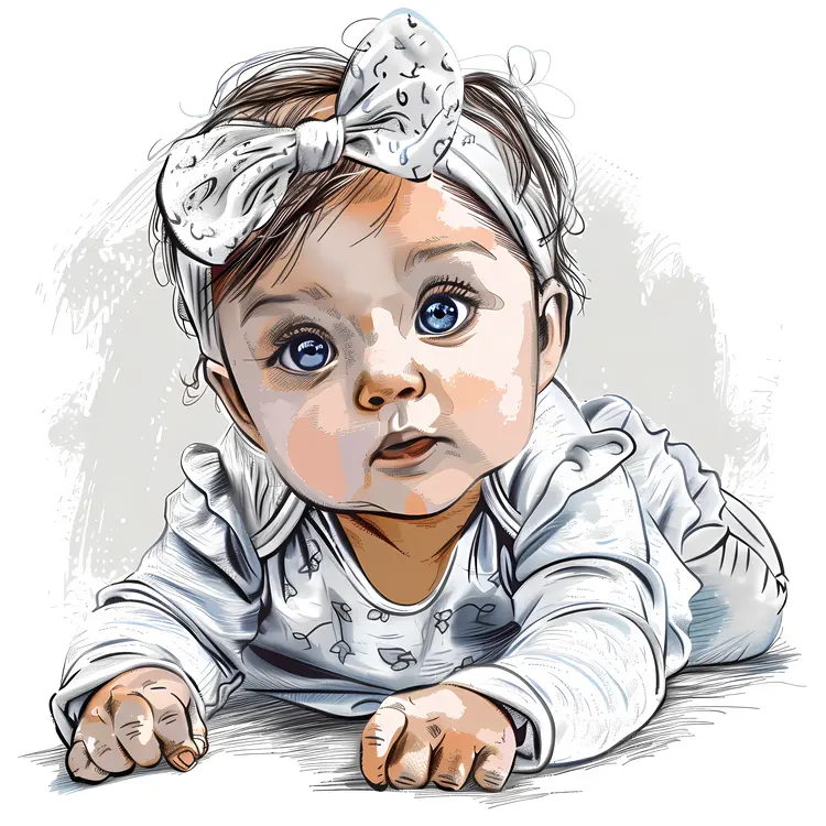 Crawling Baby with Headband in Detailed Drawing