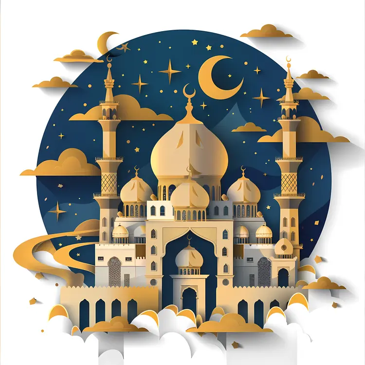 Gold and White Mosque with Crescent Moon and Stars