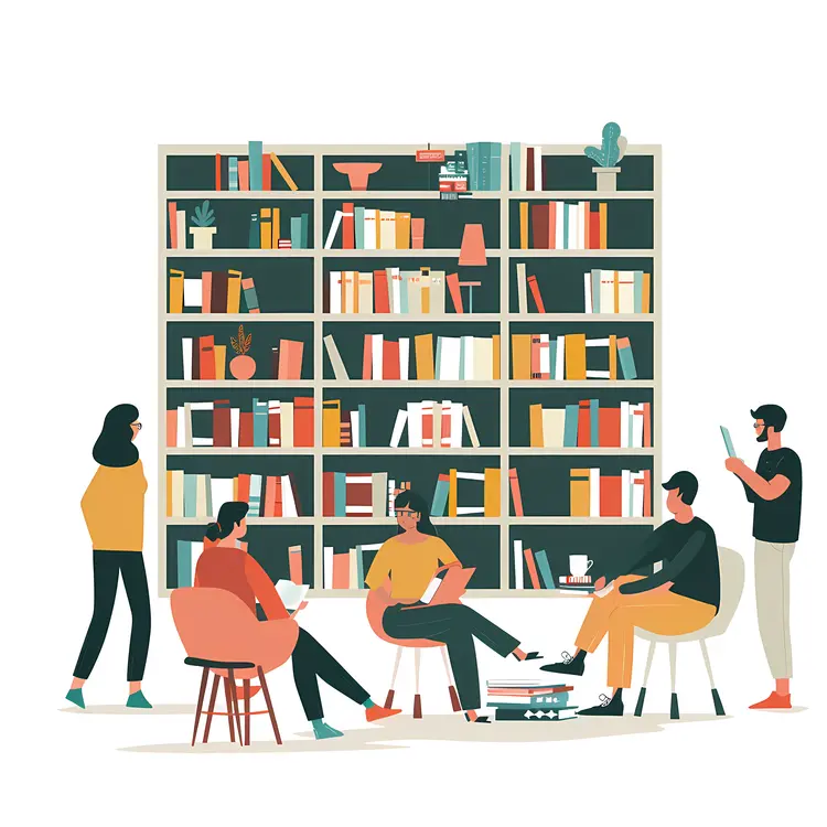 People Reading and Discussing in Front of Bookshelf