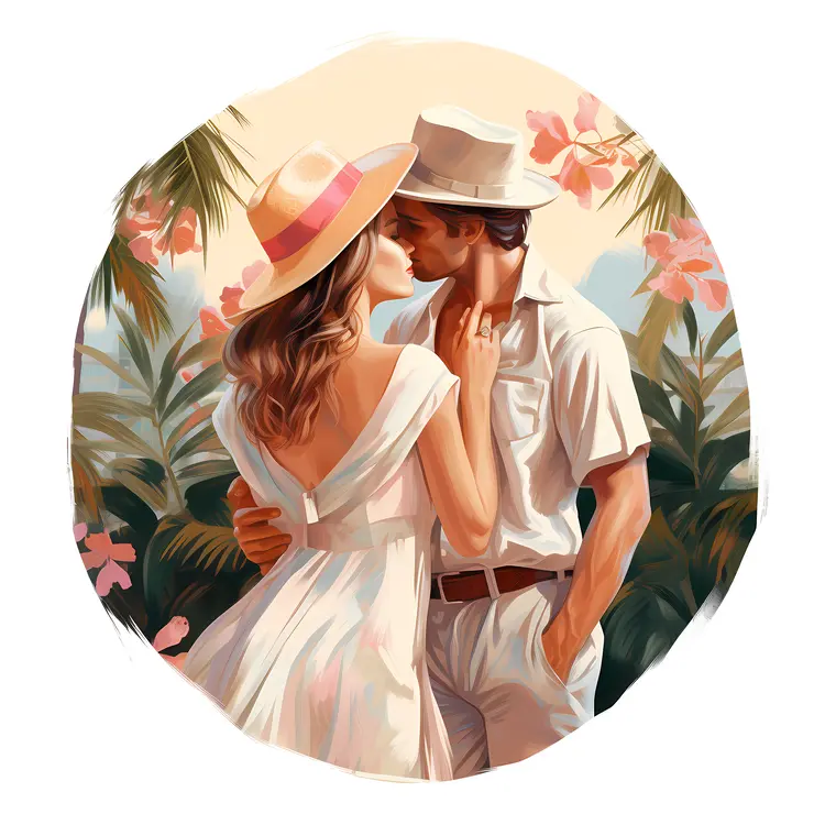 Romantic Couple Embracing with Hats and Flowers