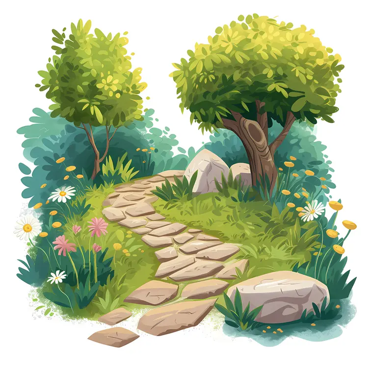 Charming Stone Path with Trees and Flowers