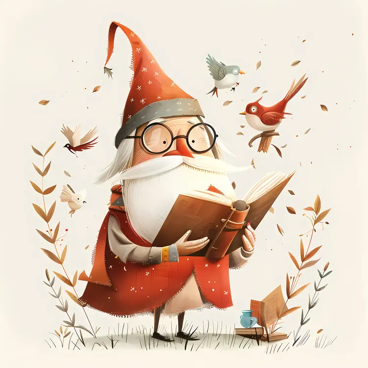 Wizard Reading a Book with Birds Around