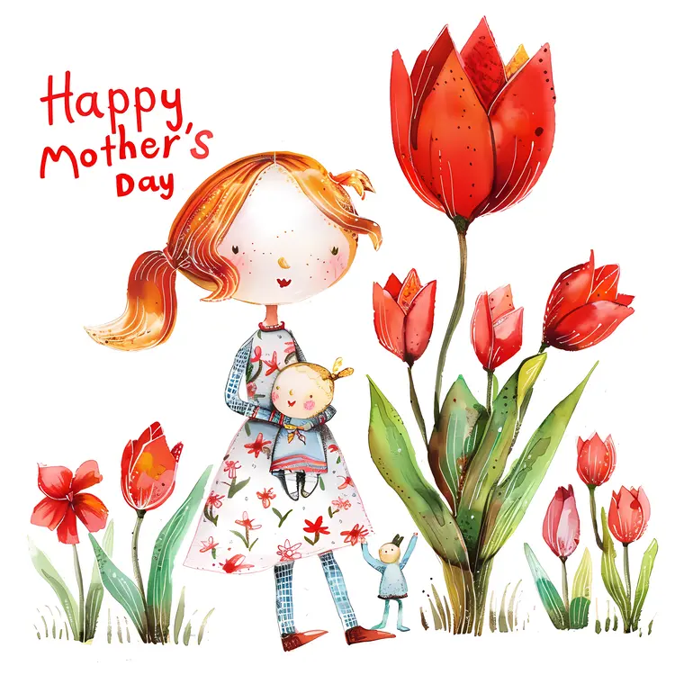 Girl with Doll and Tulips for Mother's Day