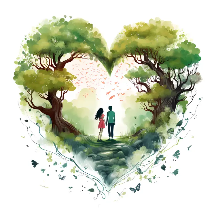 Heart-shaped Tree with Couple and Green Leaves