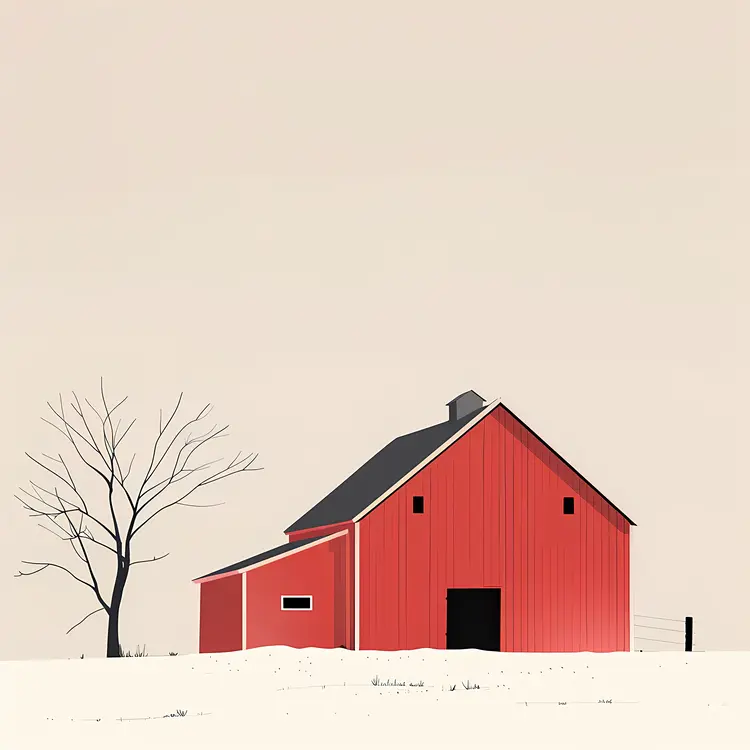 Red Barn with Bare Tree in Snow