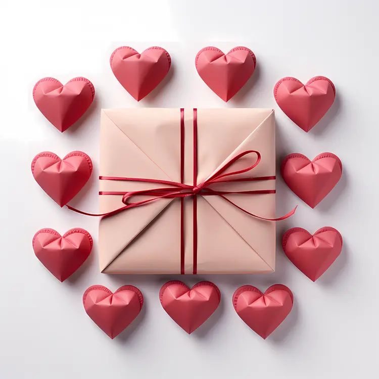 Gift Box with Red Hearts and Ribbon