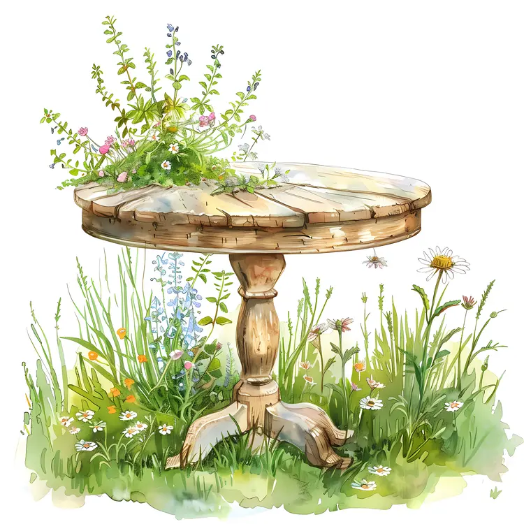 Wooden Table in a Flower Garden