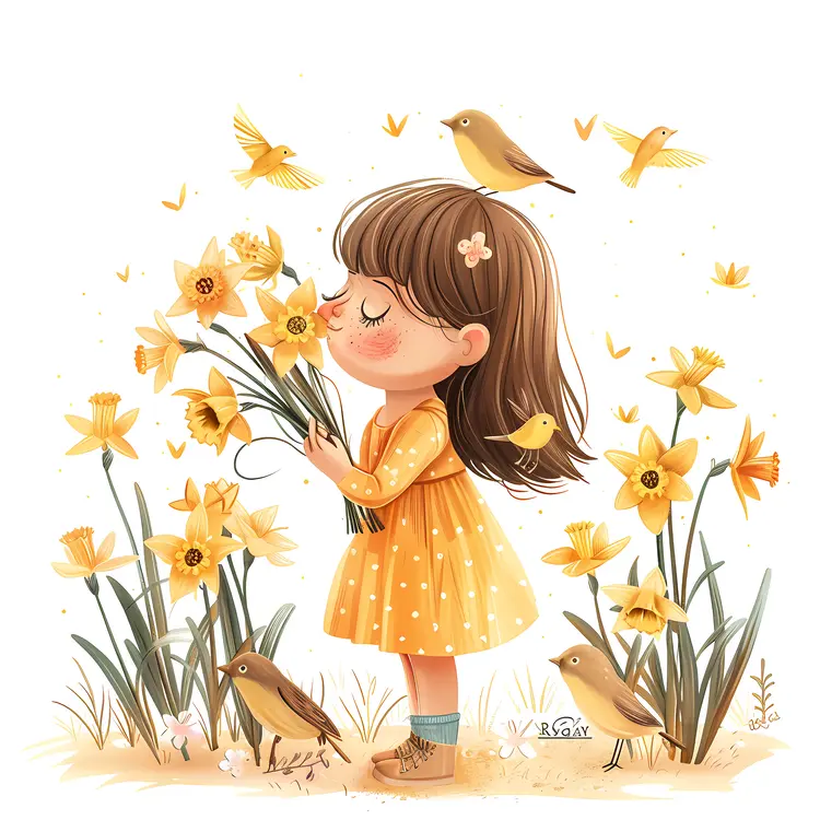 Girl Holding Daffodils with Birds