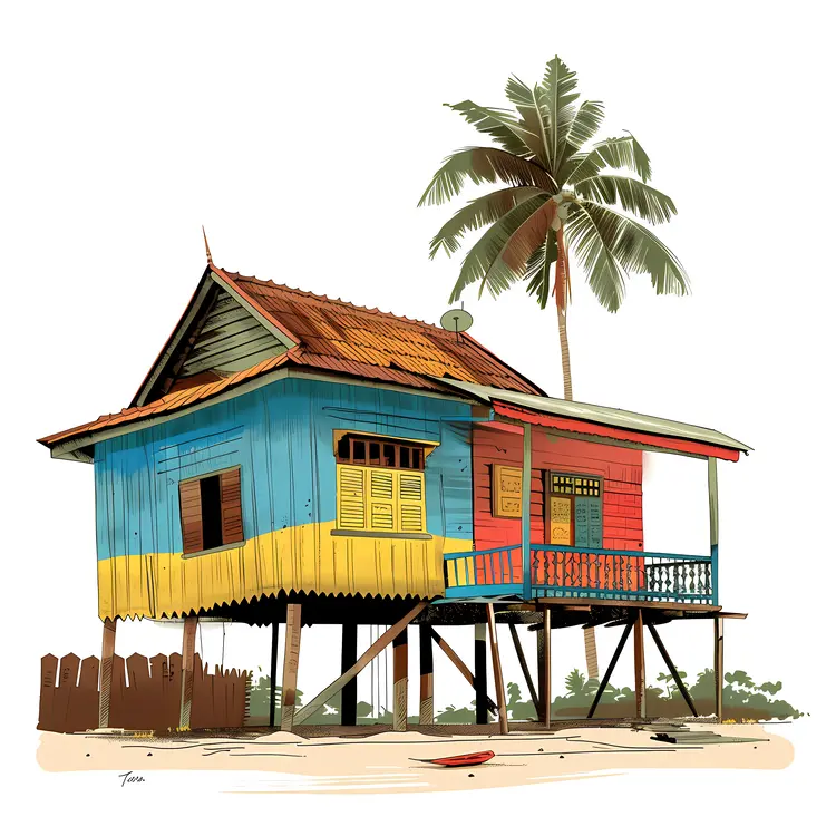 Wooden Stilt House with Palm Tree