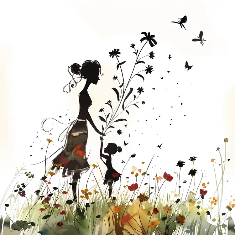 Mother and Child Silhouette in a Flower Field