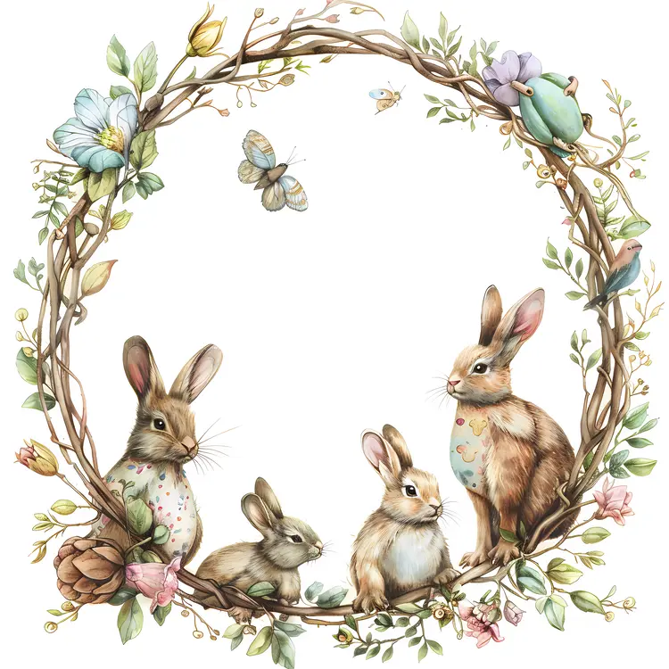 Bunnies in Floral Wreath
