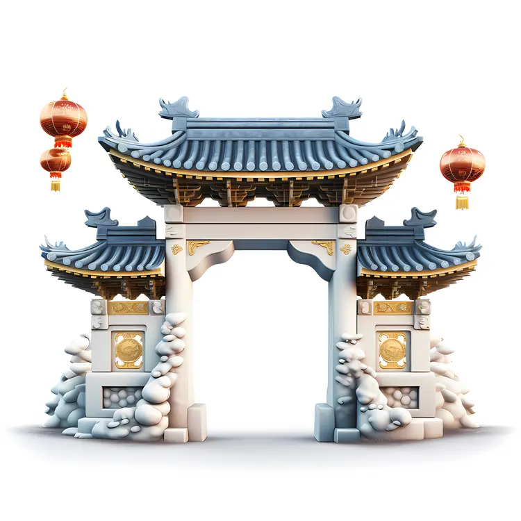 Traditional Gate with Lanterns and Snow