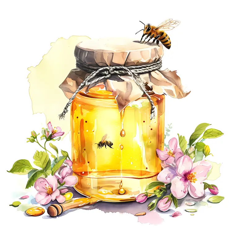 Honey Jar with Bee and Flowers