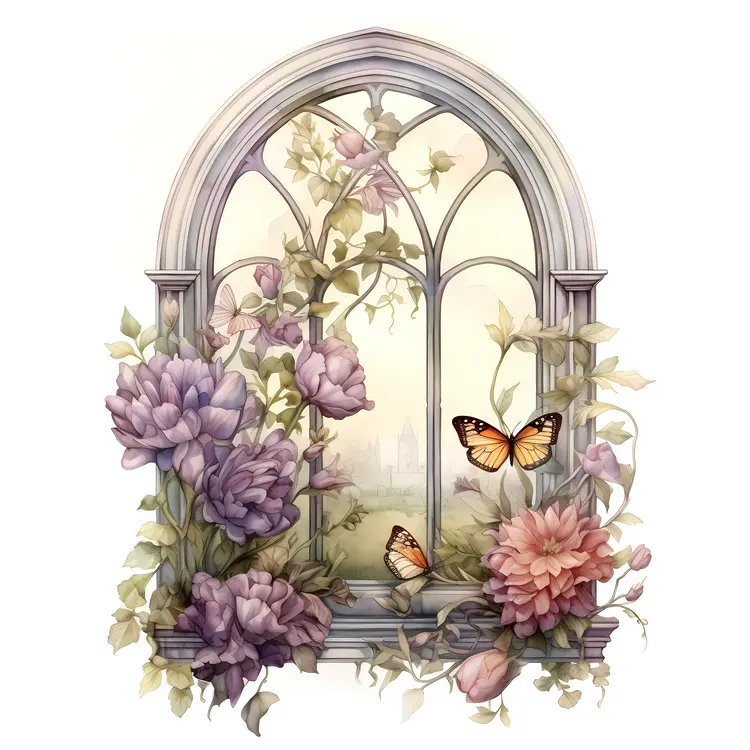 Butterfly and Flowers in a Gothic Window
