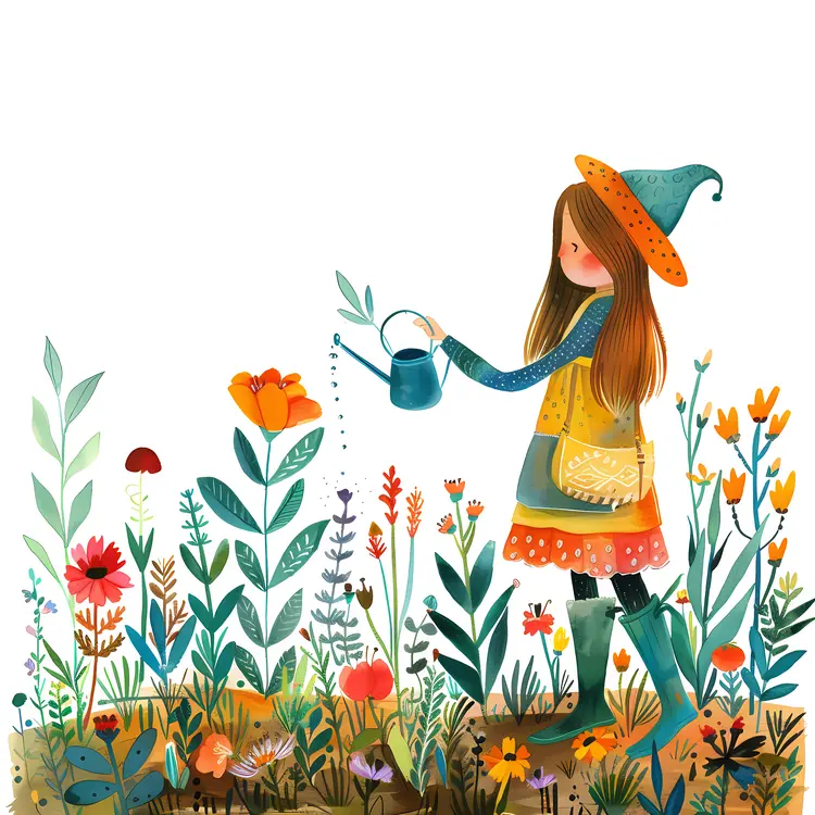 Girl Watering Plants in Garden