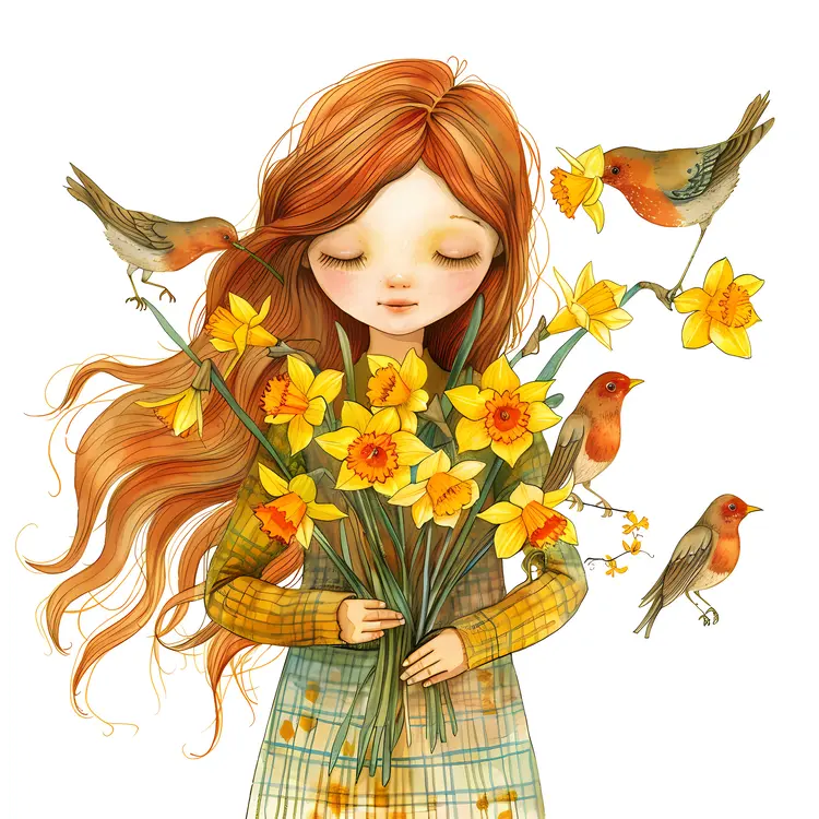 Girl Holding Daffodils with Birds