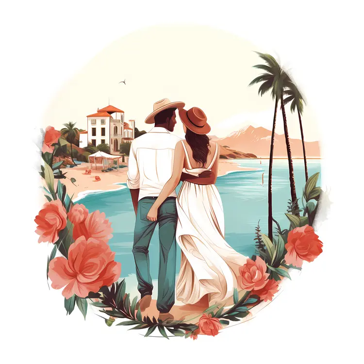 Romantic Couple by Seaside with Flowers