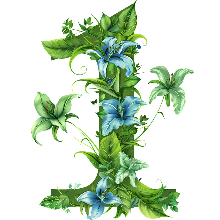 Number 1 with Blue Flowers and Leaves