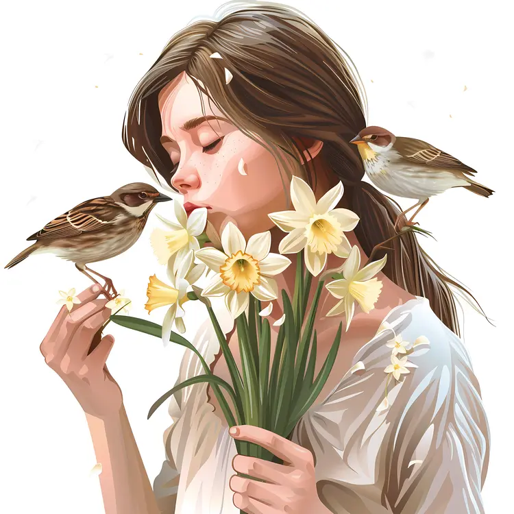 Girl Holding Daffodils with Birds Illustration