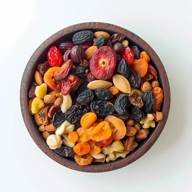 Top View of Mixed Nuts and Dried Fruits in Wooden Bowl
