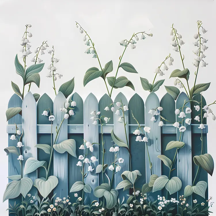 Lily of the Valley Flowers on Blue Fence