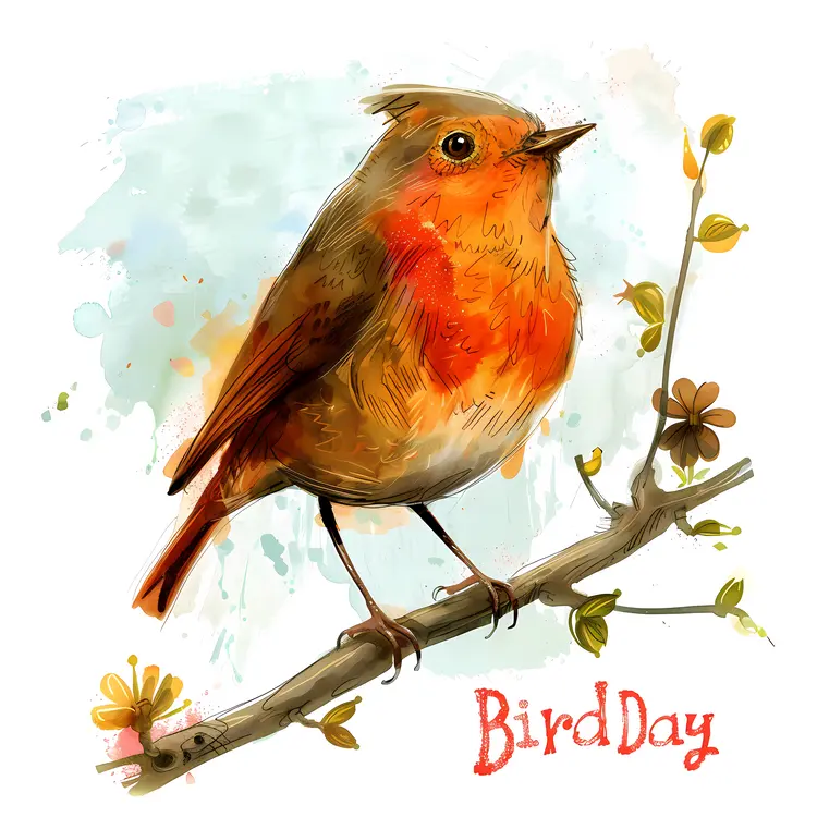 Bird on Branch with Flowers