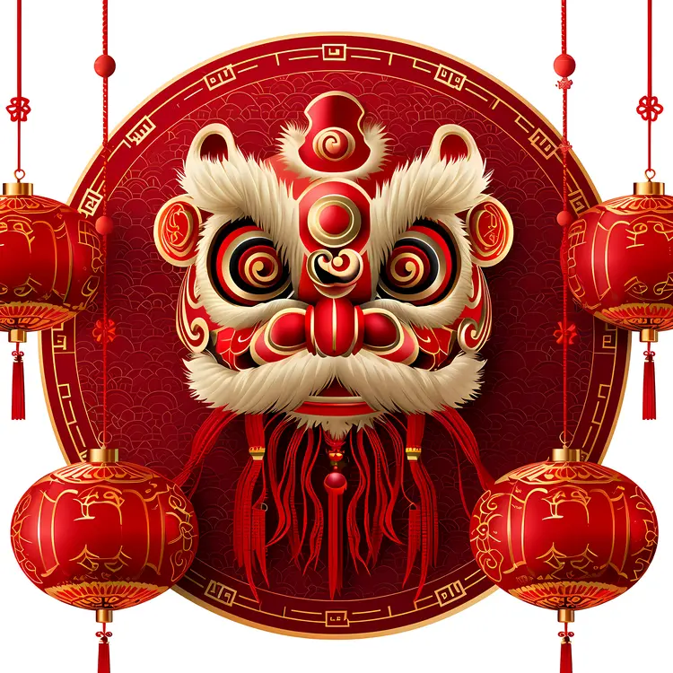 Lion Dance with Red Lanterns for Chinese New Year