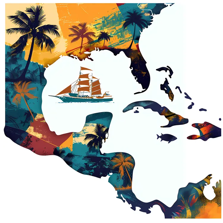 Colorful Map of the Caribbean with Ship