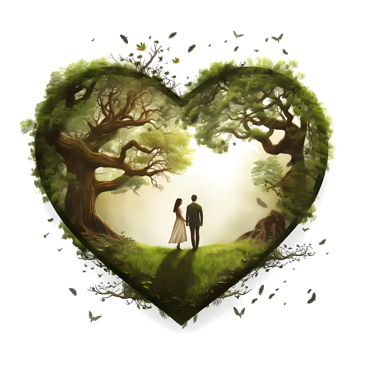 Heart-shaped Tree with Couple in Forest