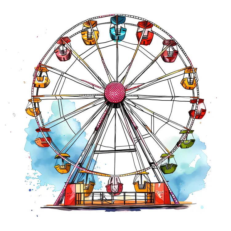 Watercolor Ferris Wheel at Amusement Park