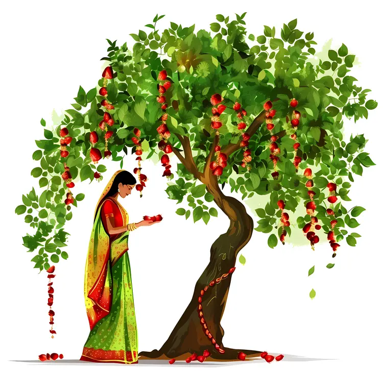 Woman in Traditional Dress Offering to Tree