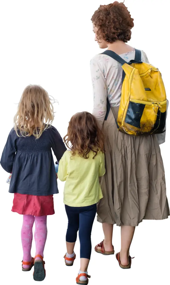 Woman Walking with Two Children