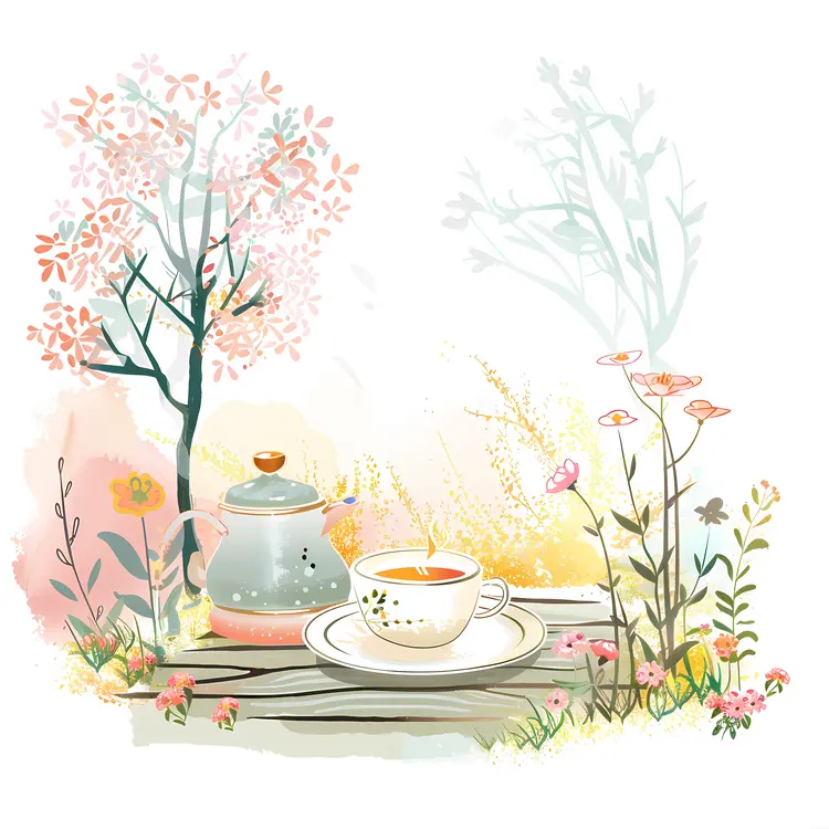 Tea Set with Blossoms in Garden