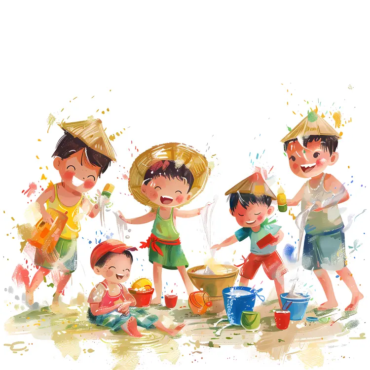 Children Playing with Water in Summer