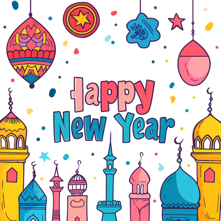 Happy New Year Celebration with Lanterns and Mosques
