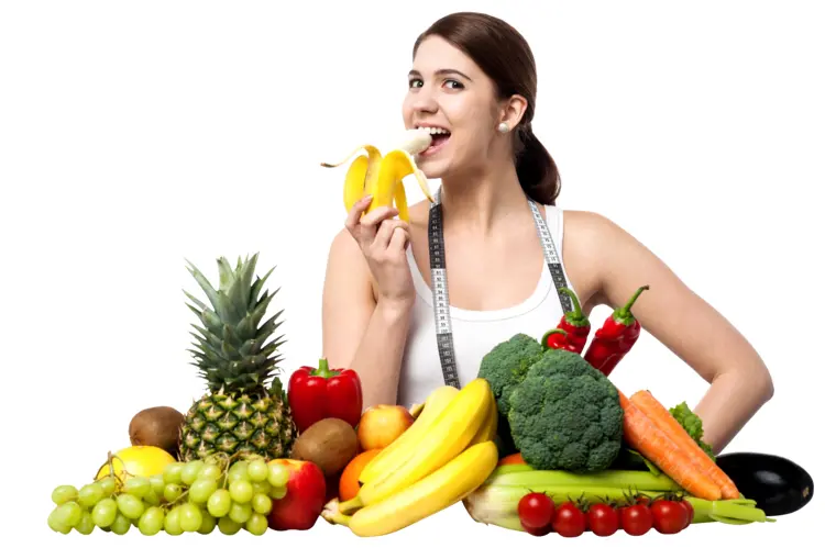 Woman Eating Healthy Fruits and Vegetables
